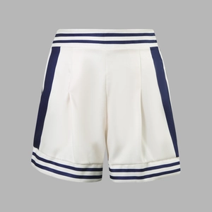 Detail of white athletic shorts featuring navy blue stripes and sporty knit fabric