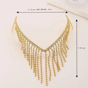 Golden rhinestone tassel headband with crystal details and dimensions 5.12 by 9.45 inches