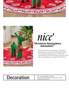 Close-up of green sequin reindeer with bell and red-white knitted snowflake tree skirt