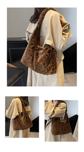Close-up of fluffy leopard print faux mink tote bag with soft plush texture and wide strap