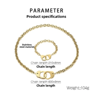 Polished gold stainless steel handcuff link chain necklace and bracelet jewelry set