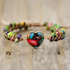 Bohemian imperial stone heart bracelet with colorful beads and handmade woven cord