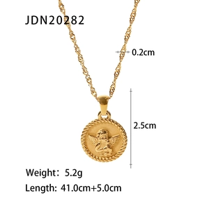 Detailed specs of stainless steel necklace with gold angel pendant and pearl bead chain