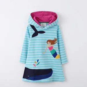Striped girls' long sleeve hooded dress with mermaid and whale embroidery, size 4T