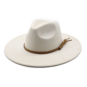 Classic cream wide-brim fedora hat with brown braided band for men and women