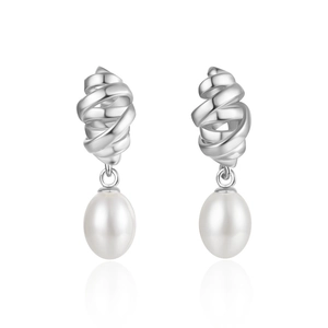 Close-up of S925 silver twist octagon star earrings featuring elegant white pearl drops