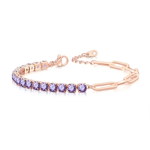 Detail of rose gold paperclip and tennis bracelet with purple zircon stones