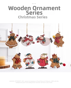 Detailed view of an 8-piece vintage wooden gingerbread and snowman Christmas ornament set
