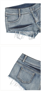Detailansicht der ausgefransten Säume und Gesäßtaschen dieser hellblauen Jeansshorts