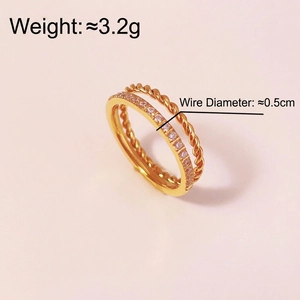 Double-layer gold titanium steel ring with twisted band and pave cubic zirconia stones