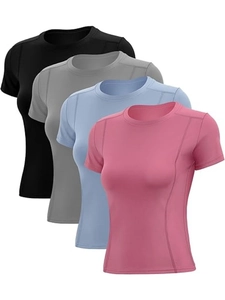 Damen Eng Anliegendes Yoga T-Shirt Kurzarm Fitness Top Schnelltrocknend Feuchtigkeitsableitend Sportbekleidung Einfarbig