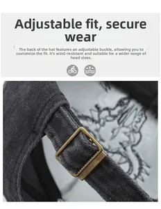 Gros plan sur la boucle en métal bronze réglable et la texture du denim lavé de la casquette