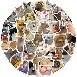 Collection of funny cat meme stickers featuring various feline expressions for laptop and luggage