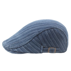 Classic dark blue striped denim flat cap with adjustable bronze metal side buckle