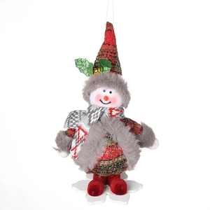 Pendaglio pupazzo di neve in peluche con tessuto scozzese rosso e grigio e base a fiocco