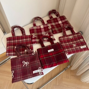 Sac À Main En Laine À Carreaux Rouge Rétro Avec Décor De Nœud Mini Sac Fourre-Tout Pochette Décontractée