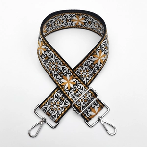 Detailed macro view of ethnic jacquard embroidered strap with silver alloy swivel hooks