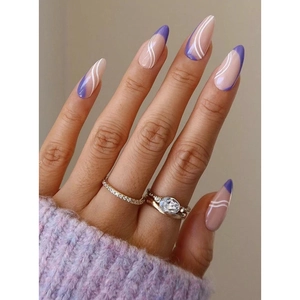 Simple French Style Purple White Lines Press On Nails Long Almond Shape Glossy False Nails For Women DIY Manicure Decoration
