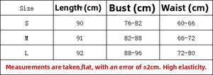 Size chart for striped knit dress showing length, bust, and waist measurements