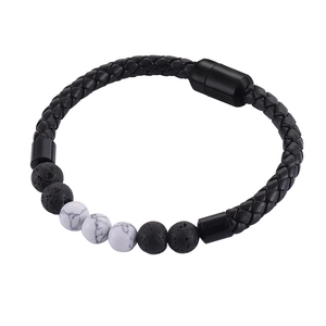 Men's magnetic braided leather bracelet with black volcanic stone and white beads on white background