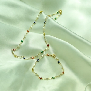 Evil Eye Daisy Necklace And Bracelet Gold Plated Copper Enamel Imitation Artificial Pearl Bohemian Style For Women