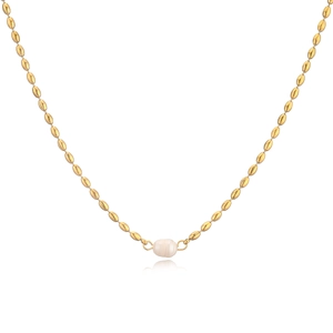 Elegant 18k gold plated stainless steel bean chain necklace with a single white pearl