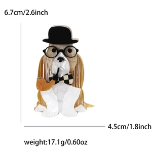 Cartoon dog acrylic brooch with hat and glasses including dimensions 6.7x4.5cm