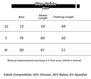 Size chart for slim fit V-neck sports top with detailed fabric composition and measurements