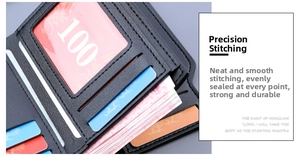 Detail view of men's trifold leather wallet featuring 13 card slots and precise stitching