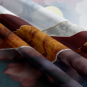 Close-up of landscape tapestry fabric showing cross-weave texture and print quality