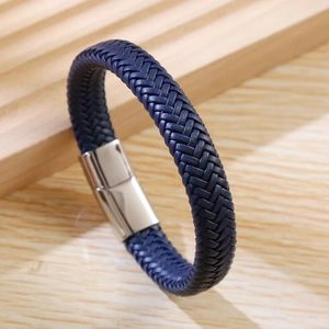 Fashion woven leather men's bracelet with dark blue finish and silver magnetic buckle