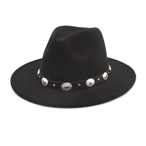 Detail of black wool fedora featuring a leather band with silver metal buckle