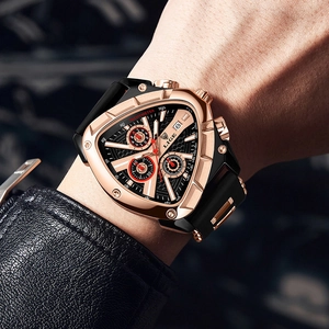 Men Triangle Quartz Watch Alloy Case Silicone Strap Chronograph Luminous Date Tachymeter Waterproof Sport Wristwatch