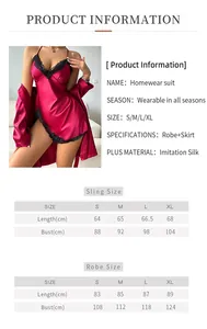 Detailed size chart for women's imitation silk nightgown and robe set in sizes S to XL