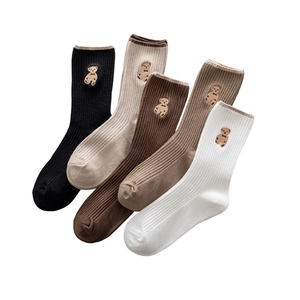 Five pairs of cotton mid-calf socks in diverse colors featuring cute bear embroidery