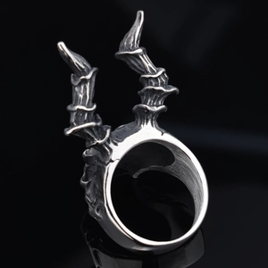 Gothic punk devil horn skull ring for men in antique silver finish stainless steel