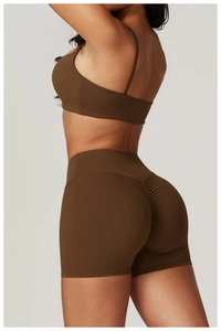 Detail of high-stretch sports shorts with ruched back design for lifting the buttocks