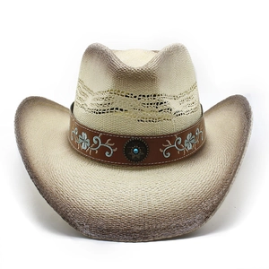 Ethnic straw western cowboy hat with turquoise leather band and gradient brim