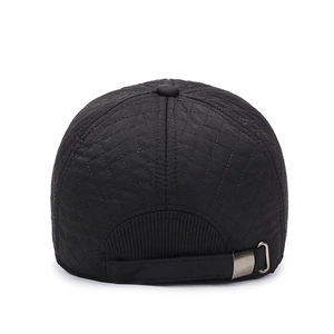 Rear view of black quilted men's baseball cap with adjustable metal buckle and warm padding