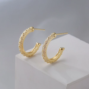 Copper C-Shaped Hoop Earrings 18K Gold Plated Grain Texture Beaded Geometric Minimalist Elegant Jewelry Women