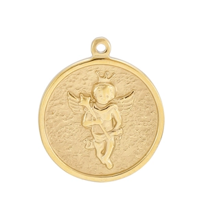 Detailed close-up of a gold-plated vintage round charm featuring an embossed angel motif