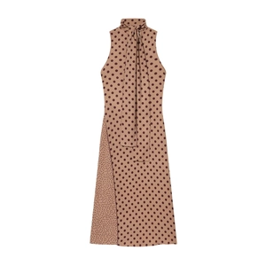 Elegant sleeveless midi dress in brown polka dot pattern with a bow-tie high neck