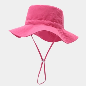 Close-up of rose red sun hat with windproof adjustable strap and breathable fabric