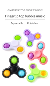 Detailed view of colorful fingertip bubble spinners showing rotatable and squeezable features