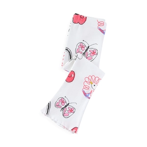 White ribbed flared leggings for girls with pink butterfly and flower cartoon prints