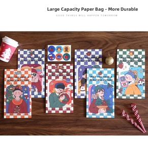 Detail of Christmas gift bags with checkerboard pattern and festive illustrations on wood