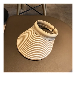 Detail of striped straw sun visor showing natural weave texture and open-top design