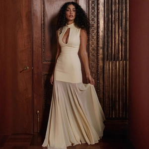 Women Sexy Maxi Dress Sleeveless Halter Neck Hollow Out See Through Chiffon Patchwork Fishtail Elegant Streetwear