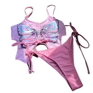 Two-piece pink bikini set featuring a large blue butterfly print and drawstring top
