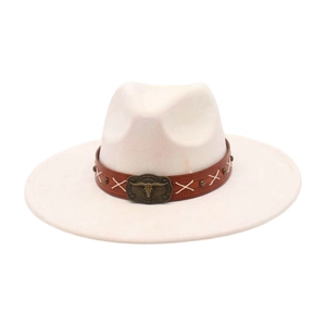 Minimalist beige wool cowboy hat with vintage metal bull head leather band decoration